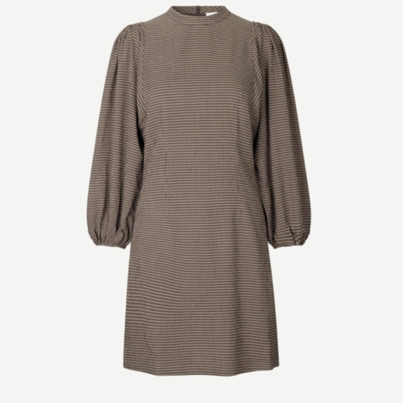 SAMSOE Dresses & Skirts - SAMSOE Brown Long Sleeve Puff Shoulder Dress